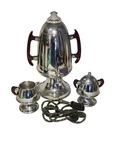 Art Deco United 400W Chrome Coffee Percolator With Cord Creamer Sugar Red Handle. Fixed Price $98.48.