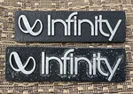 Original Pair (2) Infinity Sm 150 Logo Metal Badges 3.75" X 7/8". Fixed Price $25.00.