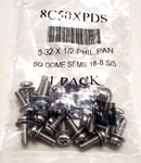 New 8-32 X 1/2" Phillips Pan Head Square Dome Sems, 18-8 Stainless (25EA). Fixed Price $10.75.